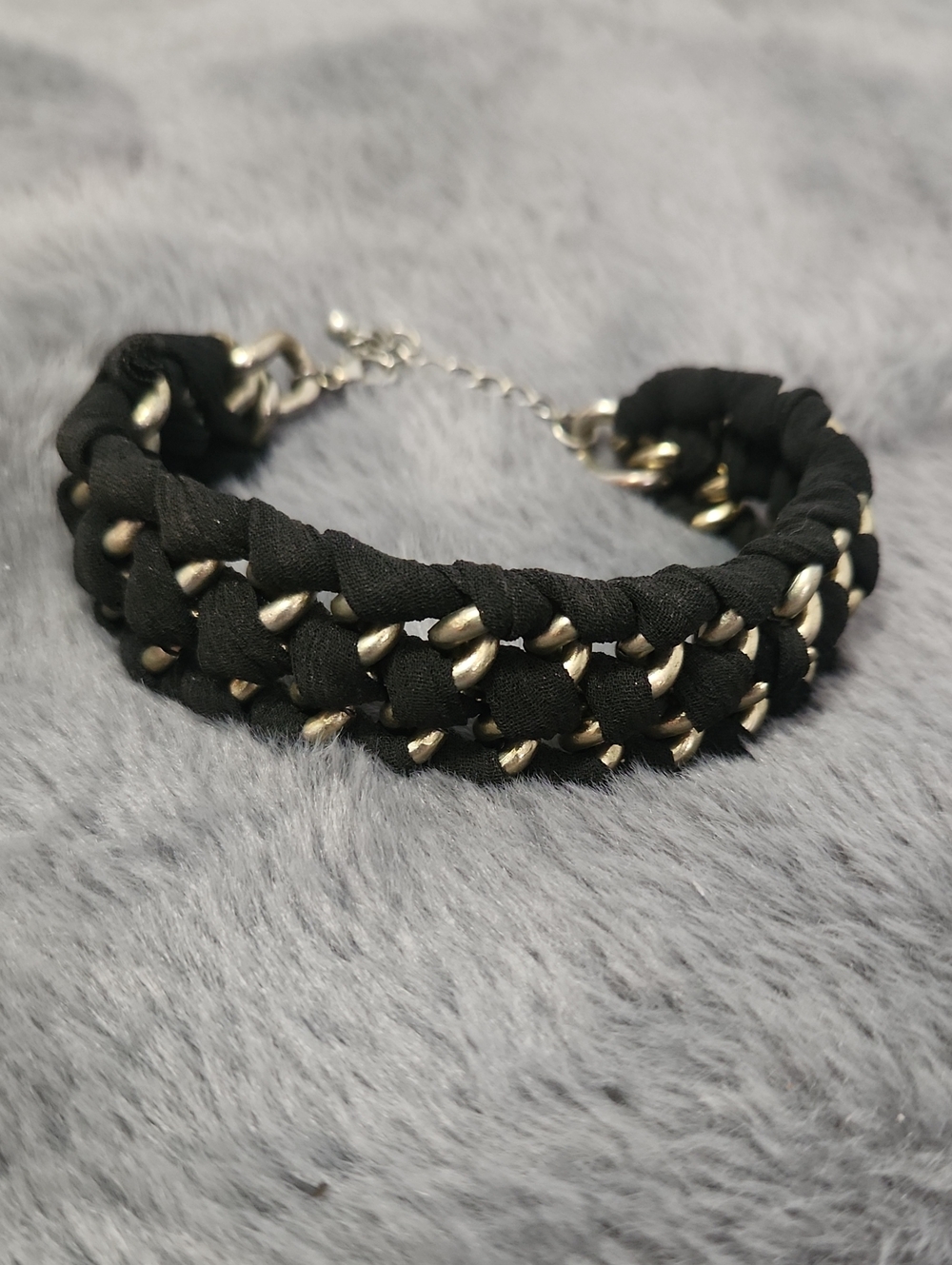 Black Braided Fabric and Silver Chain Bracelet - Women Jewelry